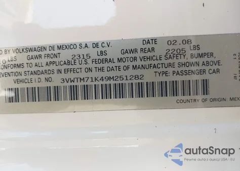 2009 Volkswagen Jetta 2.5L Se from USA, damaged, VIN 3VWTM71K49M251282